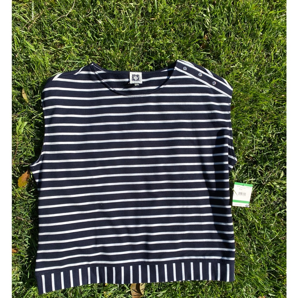 NWT Anne Klein Women's NAVY BLUE Striped Cap Sleeve Blouse Top Size Large